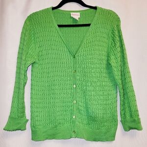 Crystal Kobe Cardigan Womens Medium Cable Knit Sweater Buttoned Green 3/4 Sleeve